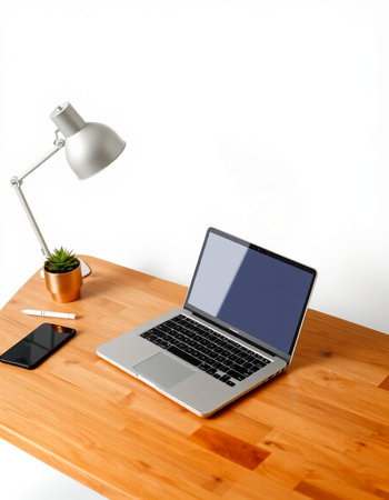 Modern workplace with blank laptop, smartphone and coffee cup on wooden table.の写真素材