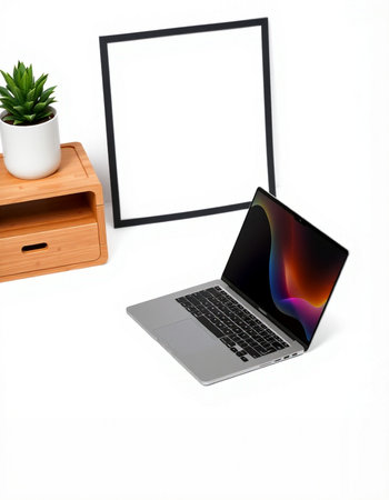 Laptop and photo frame on white background. 3d rendering.