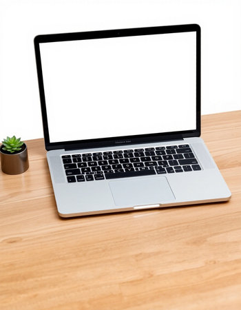 Laptop with blank screen on a wooden table, isolated on white background