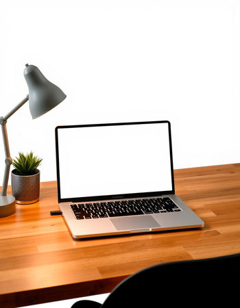 Laptop with blank screen on wooden table with lamp and plant.