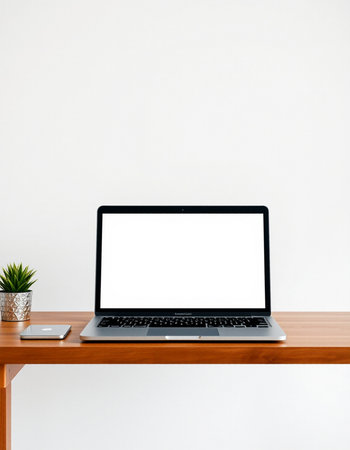 Laptop with blank screen on wooden table and white wall background.