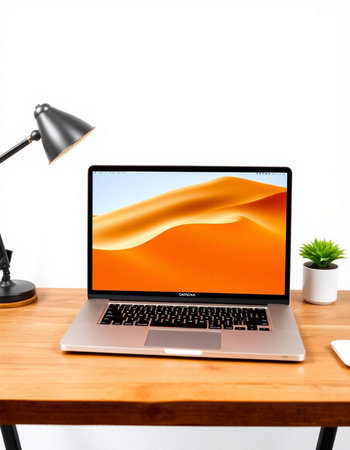 Laptop on wooden table with lamp and plant.