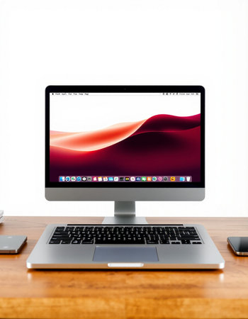 Laptop on a wooden desk with a white background. 3d rendering