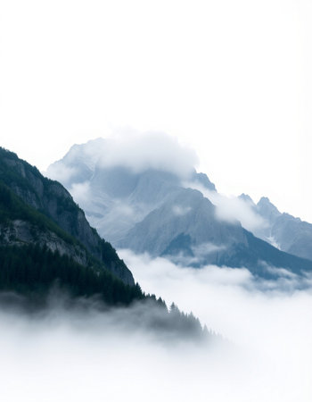 mountains in the clouds on a foggy day
