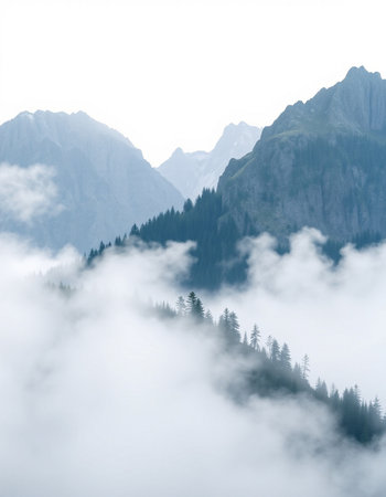 Mountain landscape with fog and clouds, Dolomites, Italyの写真素材