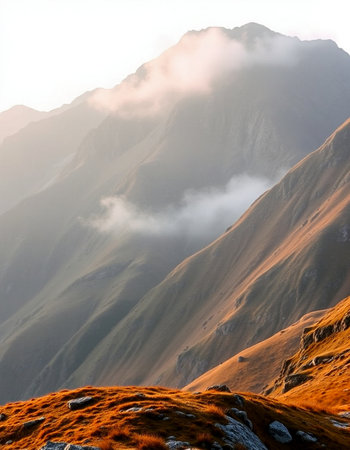 Mountain landscape in the clouds. Caucasus, Dombay.