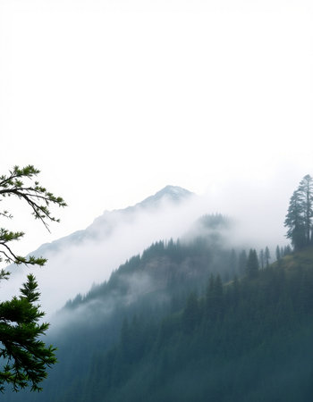 Mountains with fog and coniferous forest in the morning.