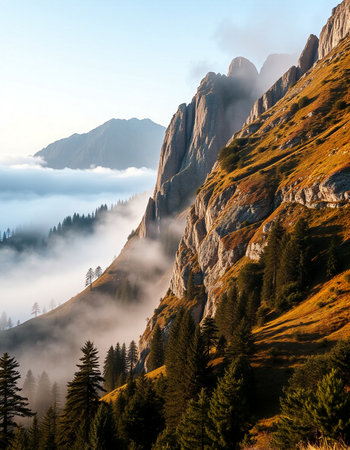 Foggy morning in Dolomites mountains, Italy, Europeの写真素材
