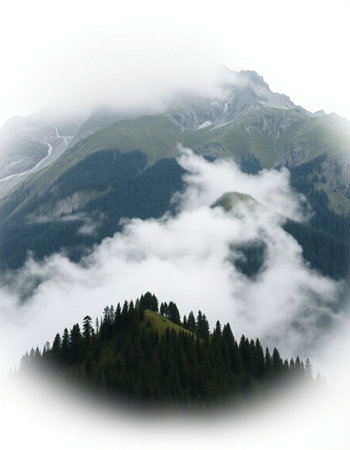 Mountain landscape with coniferous forest and fog in the foreground