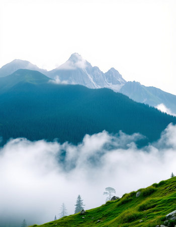 Mountain landscape with forest and fog. Caucasus Mountains, Georgia.の写真素材