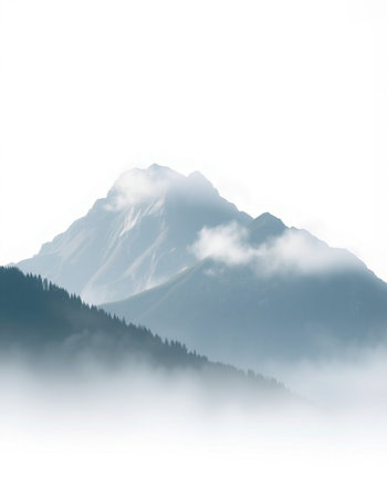 Mountain landscape with fog in the morning. Caucasus Mountains, Georgia.の写真素材