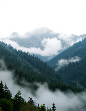 Mountain landscape with coniferous forest and high peaks in clouds