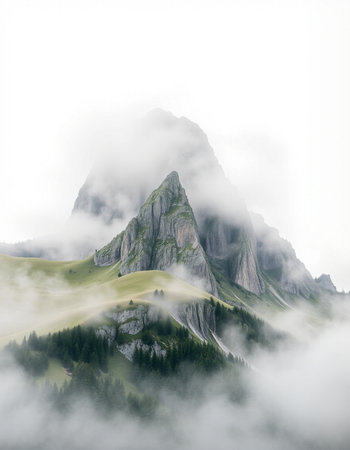 Mountain landscape with fog and clouds. Dolomites, Italyの写真素材
