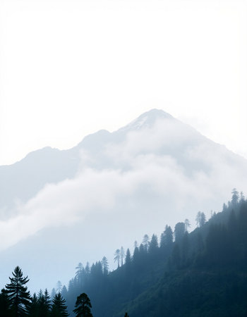 Mountain landscape with fog and coniferous forest on the slopes
