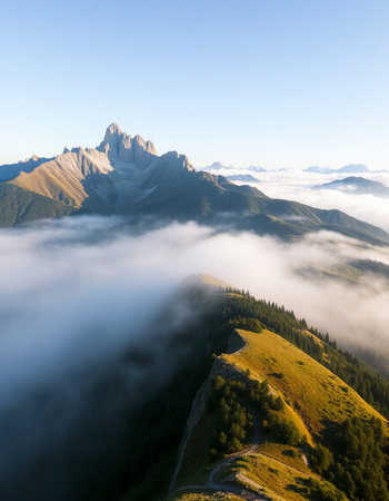 Mountain landscape with fog and clouds at sunrise.