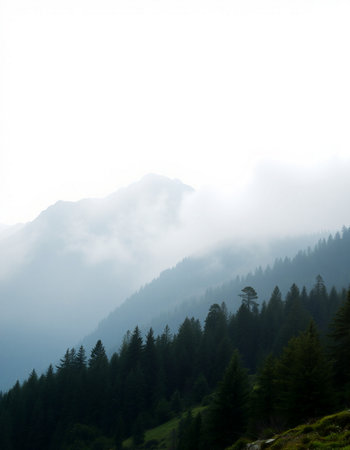 Mountain landscape with fog and coniferous forest in the foreground