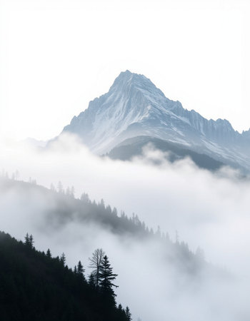 Mountain landscape with fog and coniferous forest in the foregroundの写真素材