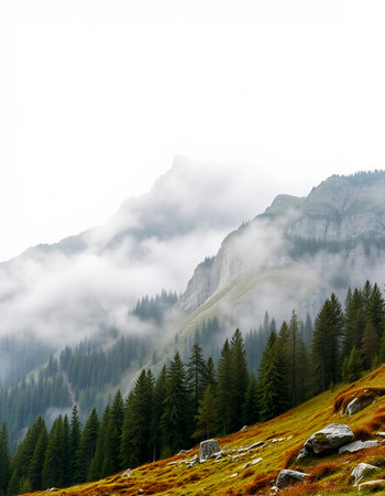 Foggy mountain landscape in the Dolomites, Italy.の写真素材