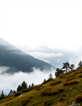 Mountain landscape with coniferous forest on the slope in the fogの写真素材