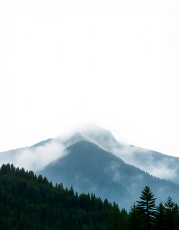 Mountain landscape with fog on the top of the mountain and pine trees