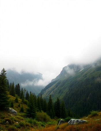 Mountain landscape with fog in the morning. Caucasus, Russia.