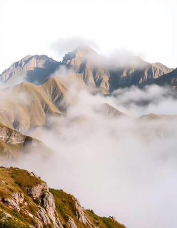 Mountains in the clouds. Caucasus, Dombay, Russiaの写真素材