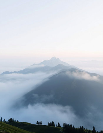 Mountain landscape with fog in the morning. Caucasus Mountains, Georgia.の写真素材