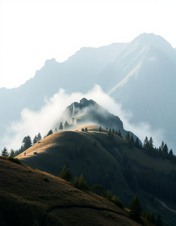 Mountain landscape with fog in the morning.