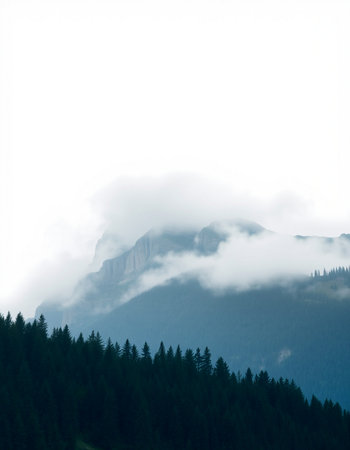 Mountain landscape with fog and coniferous forest on slope.の写真素材