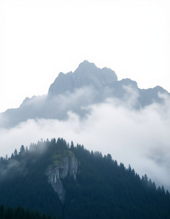 Mountain landscape with fog and clouds on a misty day.