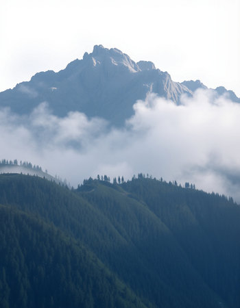 Mountain landscape in the clouds. Caucasus, Dombay.