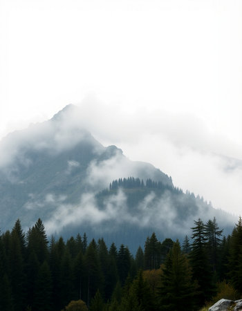 Foggy mountain landscape with coniferous forest in the foregroundの写真素材