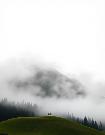 Silhouette of trees on a hillside in the fog