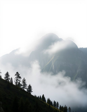 Foggy mountain landscape with coniferous forest in the foreground