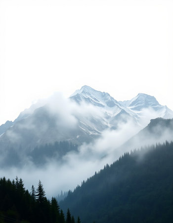 Mountain landscape with snow covered peaks and coniferous forest.
