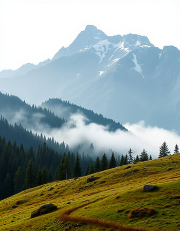 Mountain landscape with fog in the morning. Caucasus, Russia.