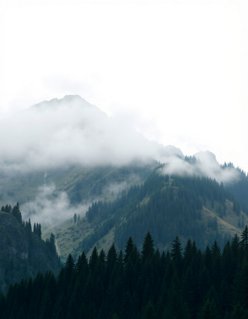Mountain landscape with coniferous forest on a foggy day