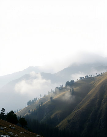 Mountain landscape with fog and clouds.の写真素材
