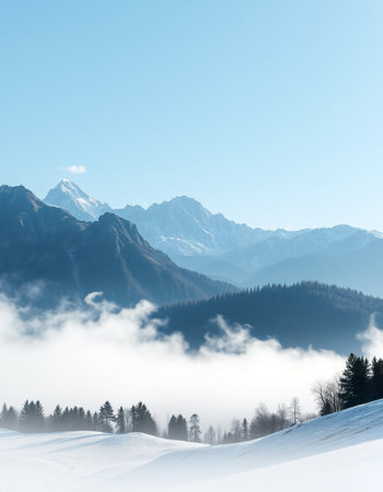 Winter landscape with snow covered fir trees and mountains in the background.の写真素材