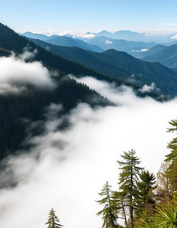 Aerial view of foggy valley in Carpathian mountains, Ukraine
