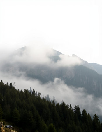 Foggy mountains with coniferous forest in the background.の写真素材