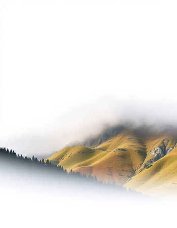 Mountain landscape with fog and clouds on a white background with copy spaceの写真素材