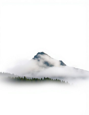 Mountains in the fog isolated on a white background. Nature landscape.の写真素材