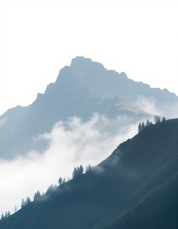 Mountain landscape with fog and clouds.の写真素材