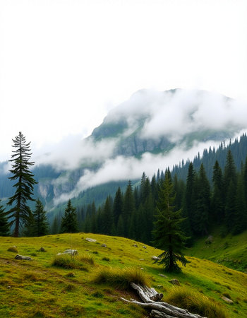 Mountain landscape with coniferous forest and fog in the valley