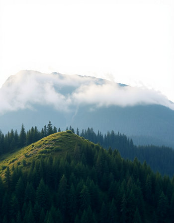 Beautiful mountain landscape with green forest and fog in the morning.