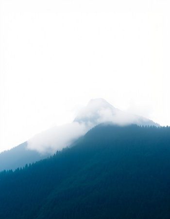 Mountain landscape with fog and clouds on a misty day.