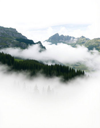 Beautiful alpine landscape with fog in the mountains, Switzerland.の写真素材