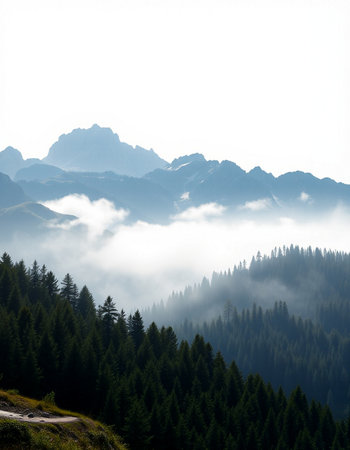 Beautiful mountain landscape with fog and coniferous forest on the slope