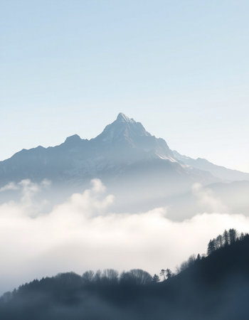 Mountain peak in the morning fog.の写真素材